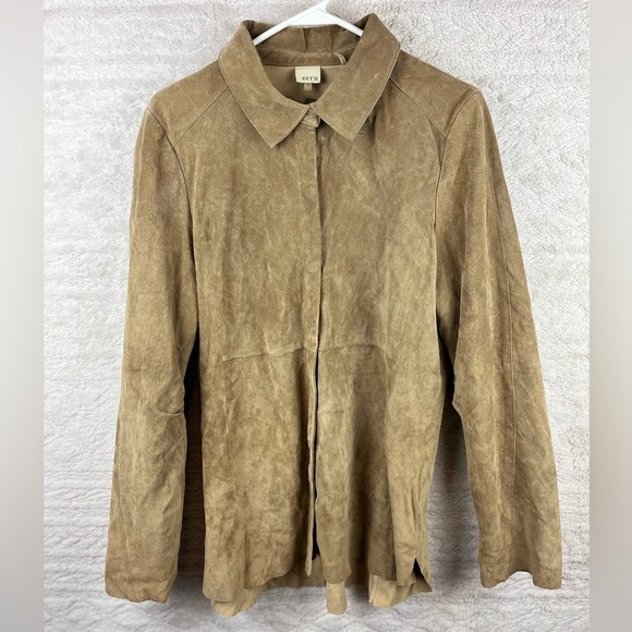 ECRU Leather Snap Shirt Brown Shacket Large - Picture 1 of 16